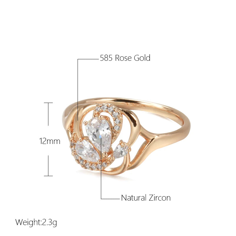 White Shiny Natural Zircon Rose Gold Zircon Teardrop Ring
