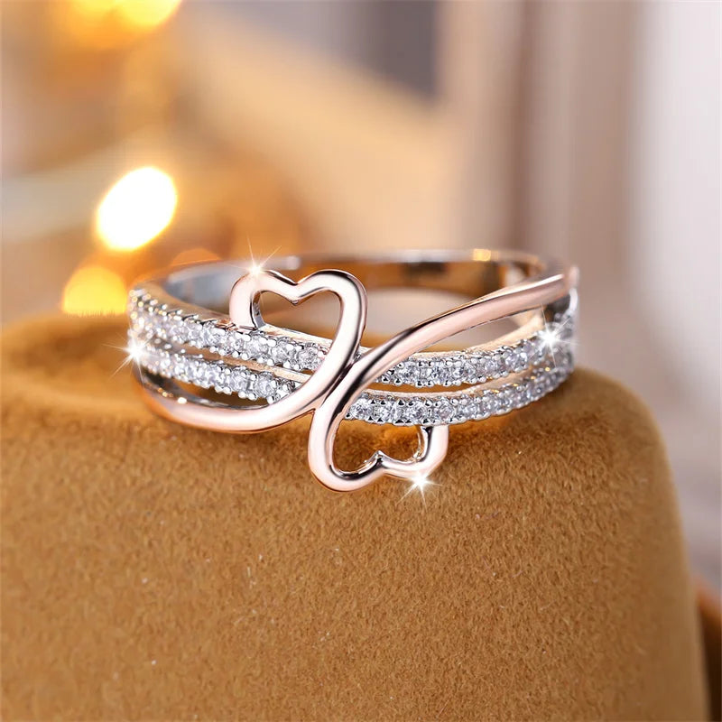 Two Tone Rose Gold Color Double Heart Rings For Women