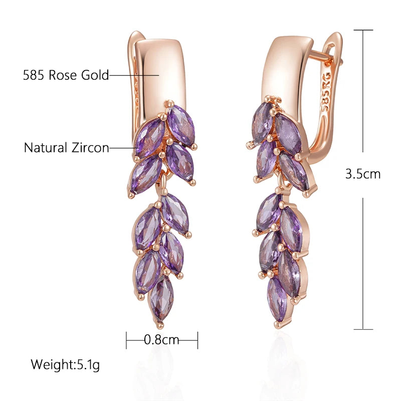 Purple Natural Zircon Leaf-Shaped Dangle Earrings