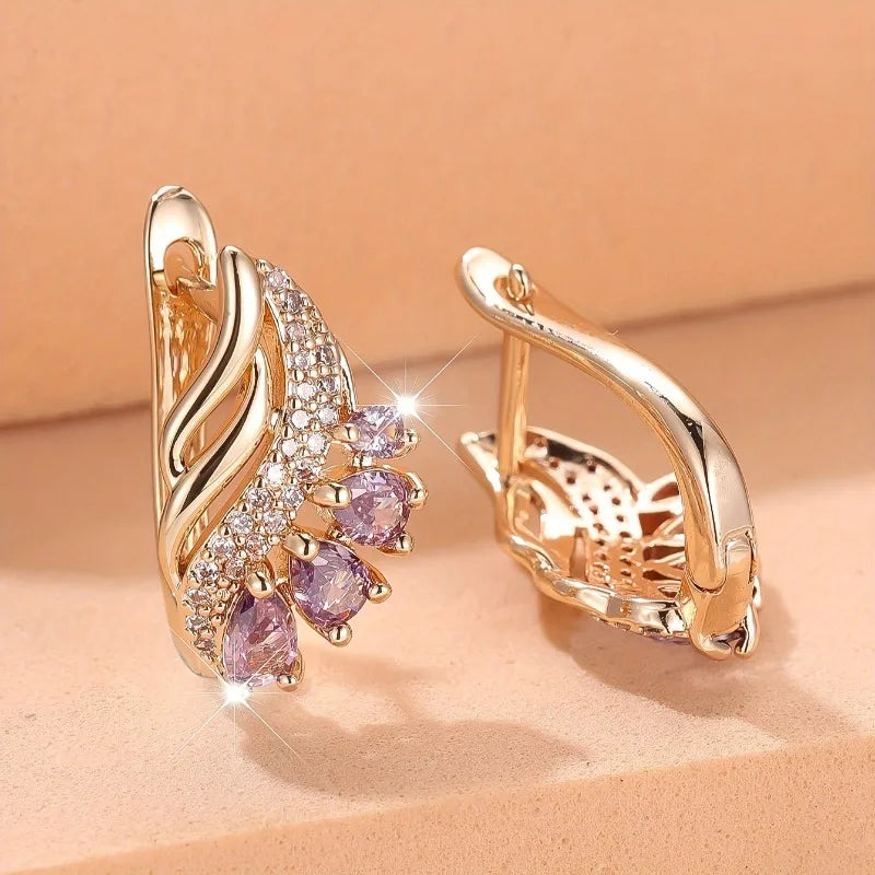 Purple Cubic Zirconia Stone Flower Hoop Earrings