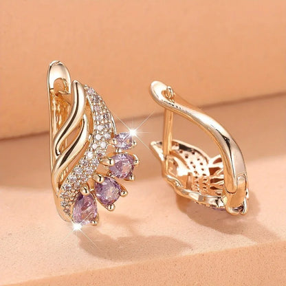 Purple Cubic Zirconia Stone Flower Hoop Earrings