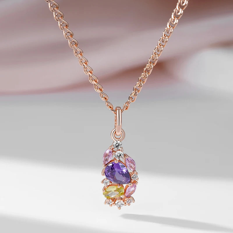 Vintage 585 Rose Gold Colour Multicolour Zircon Floral Pendant Necklace
