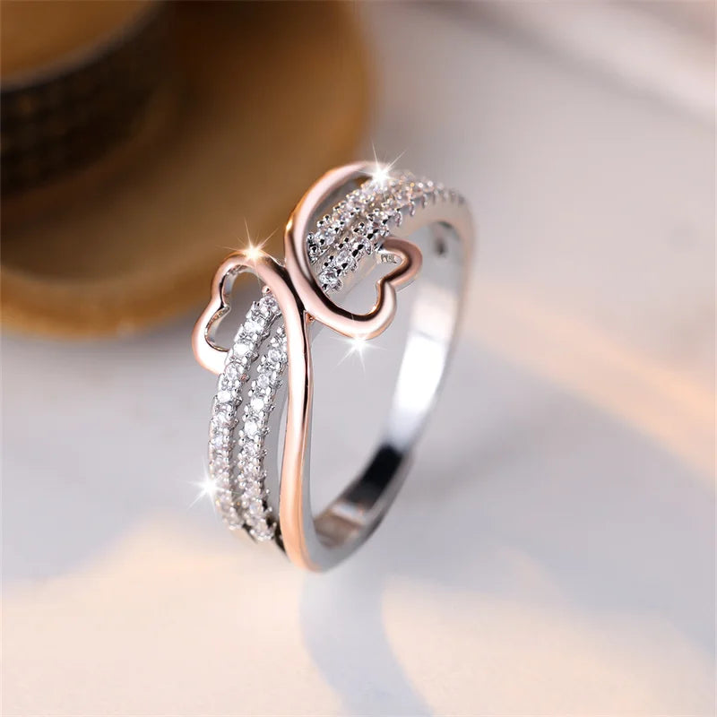Two Tone Rose Gold Color Double Heart Rings For Women