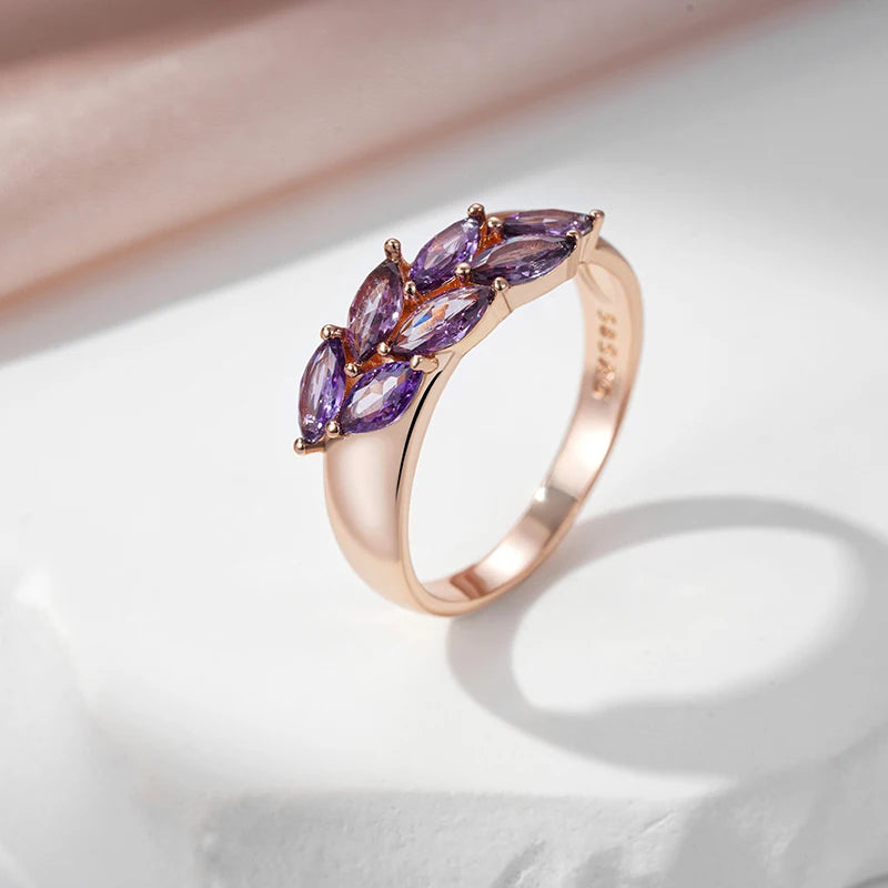 Purple Leaf Natural Zircon & Rose Gold Ring