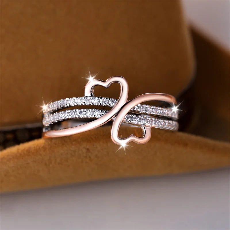 Two Tone Rose Gold Color Double Heart Rings For Women
