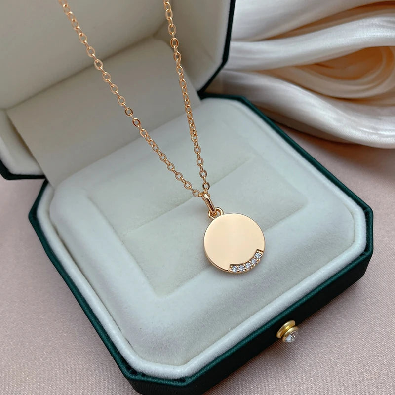 Glossy Coin-Shape Rose Gold Plated Zircon Pendant