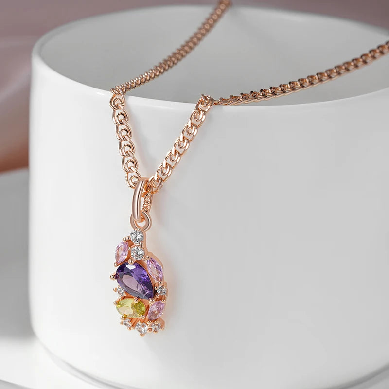 Vintage 585 Rose Gold Colour Multicolour Zircon Floral Pendant Necklace