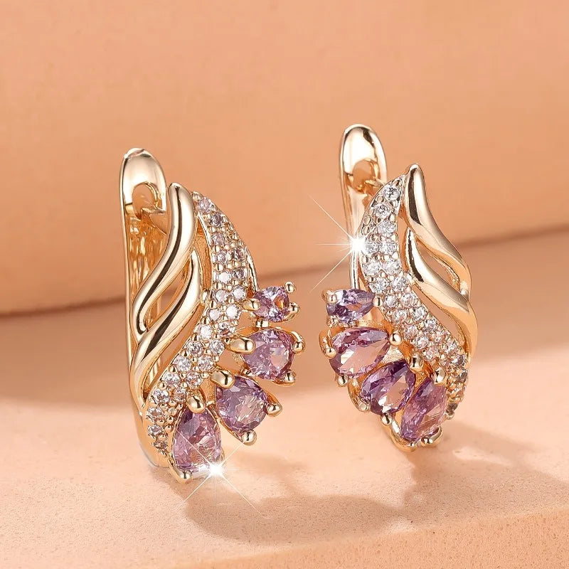 Purple Cubic Zirconia Stone Flower Hoop Earrings