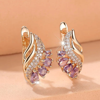 Purple Cubic Zirconia Stone Flower Hoop Earrings