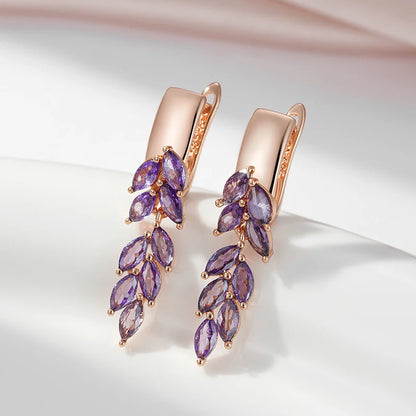 Purple Natural Zircon Leaf-Shaped Dangle Earrings