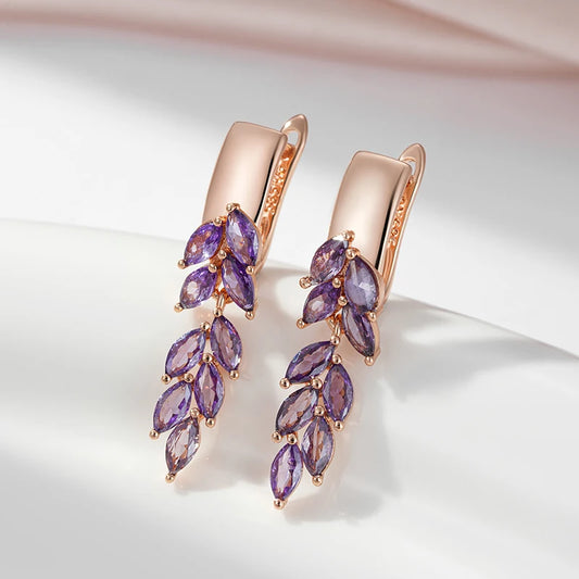 Purple Natural Zircon Leaf-Shaped Dangle Earrings
