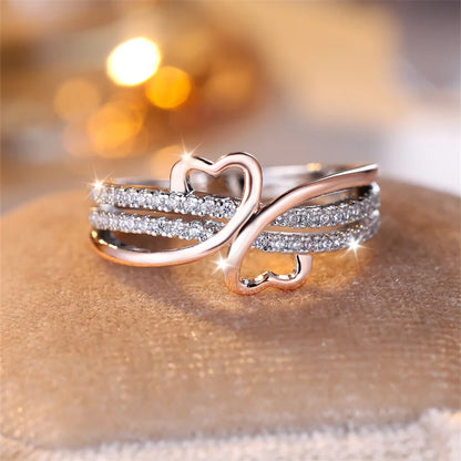 Two Tone Rose Gold Color Double Heart Rings For Women