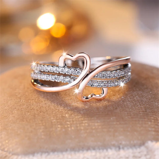 Two Tone Rose Gold Color Double Heart Rings For Women
