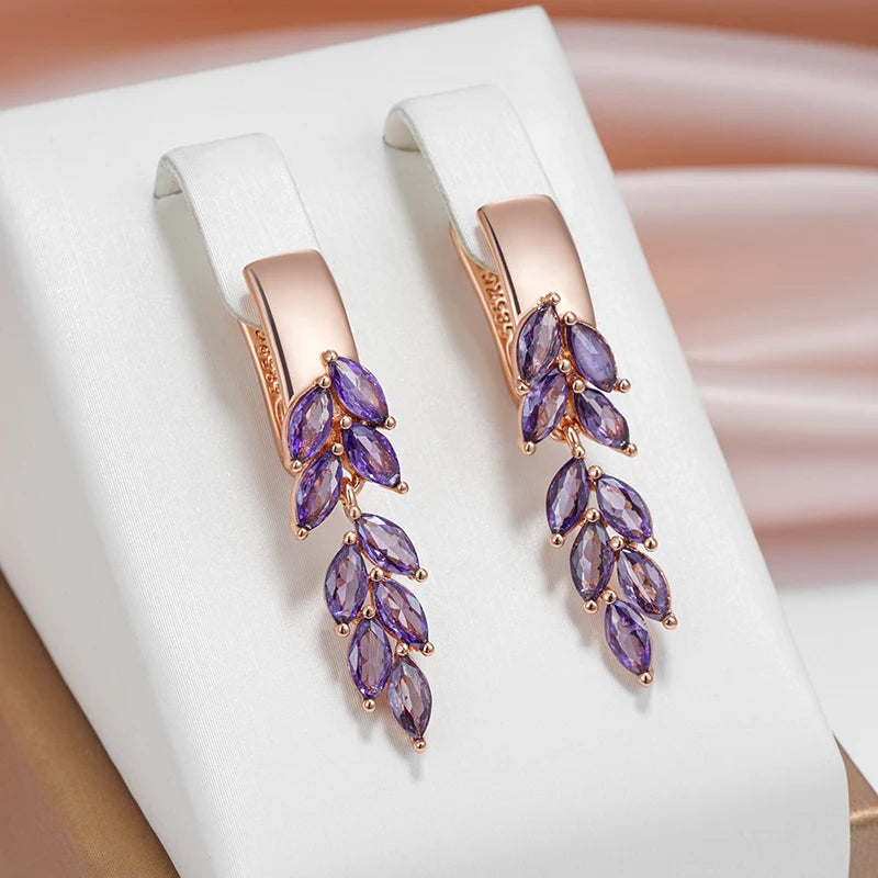 Purple Natural Zircon Leaf-Shaped Dangle Earrings