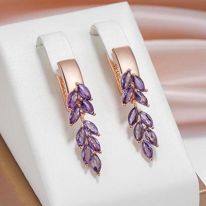 Purple Natural Zircon Leaf-Shaped Dangle Earrings