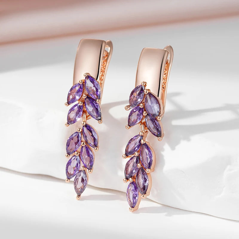 Purple Natural Zircon Leaf-Shaped Dangle Earrings