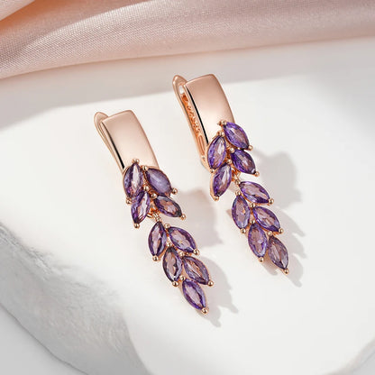 Purple Natural Zircon Leaf-Shaped Dangle Earrings